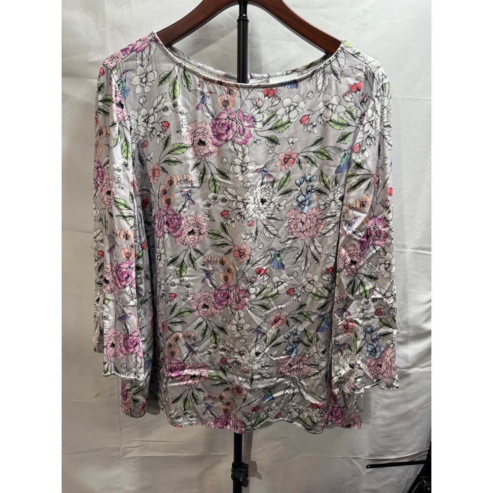 J Jill Women’s XL Top 100% Viscose Hummingbird Bell Sleeves Floral Botanical